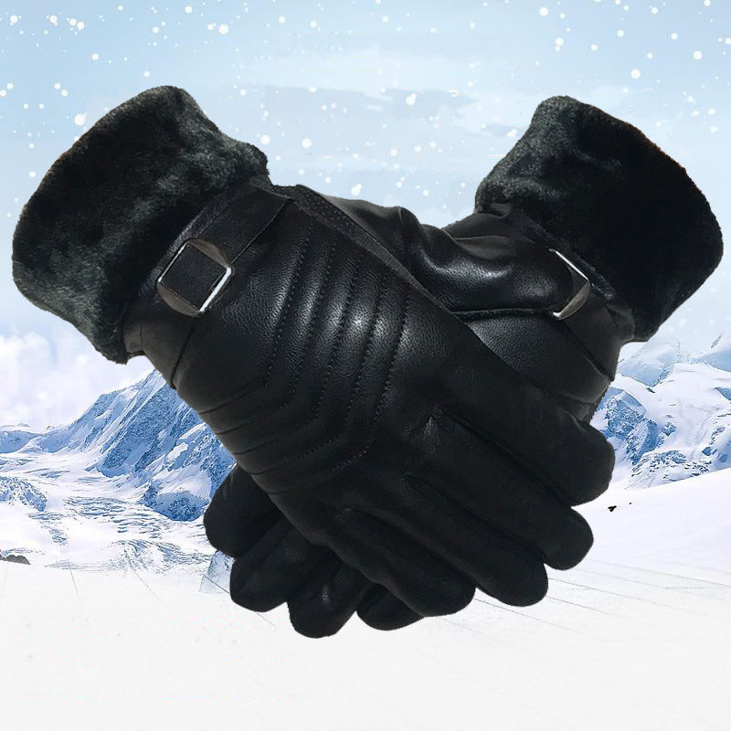 Black faux leather winter gloves with plush lining