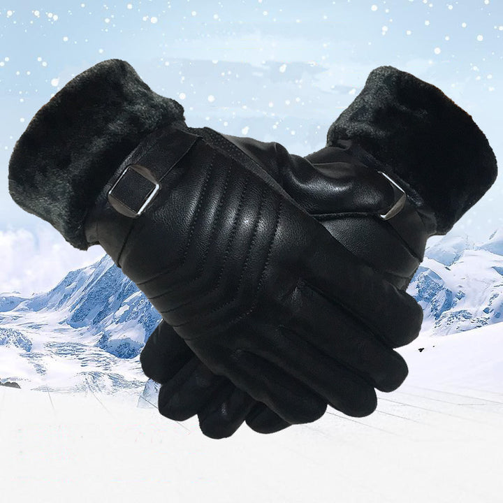Black faux leather winter gloves with plush lining