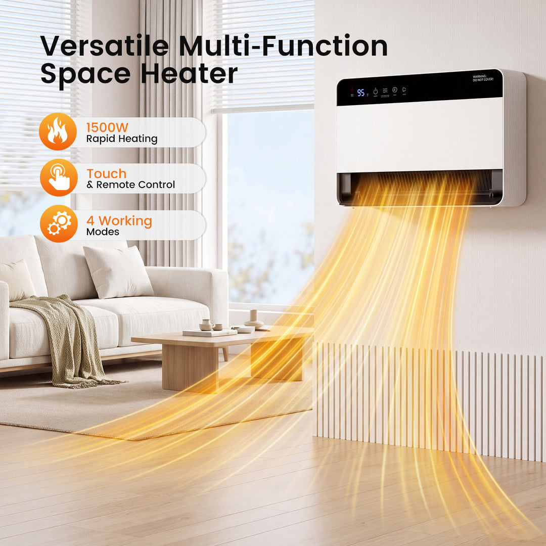White wall-mounted electric heater with remote
