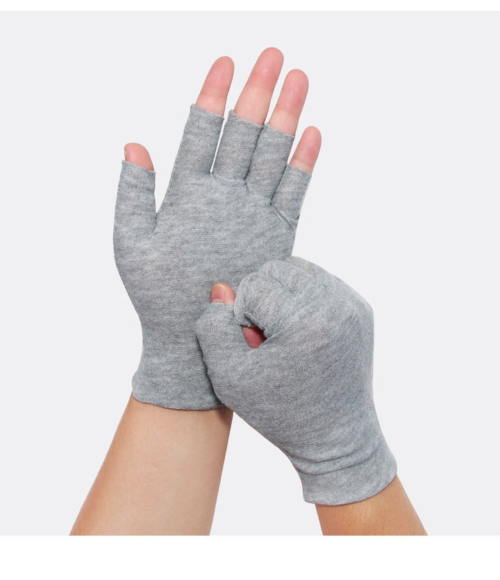 Grey cotton half-finger gloves on hands