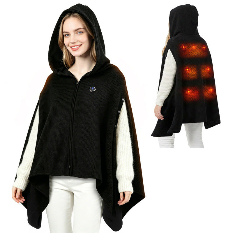 Black heated hooded shawl with zip front