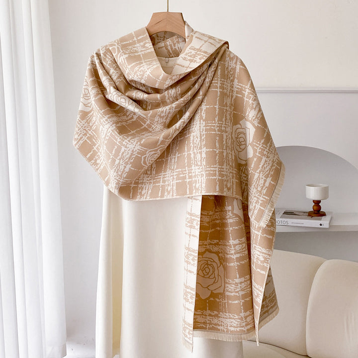 Wine red double sided plaid shawl with roses
