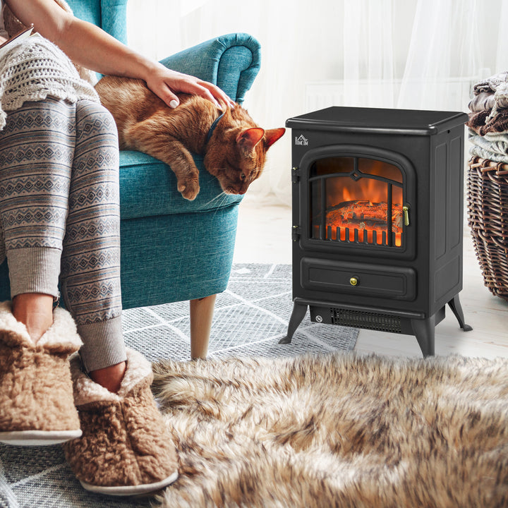 black vintage style electric stove with glowing logs