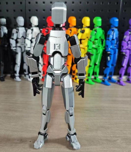 Poseable 3D printed robot figure on desk