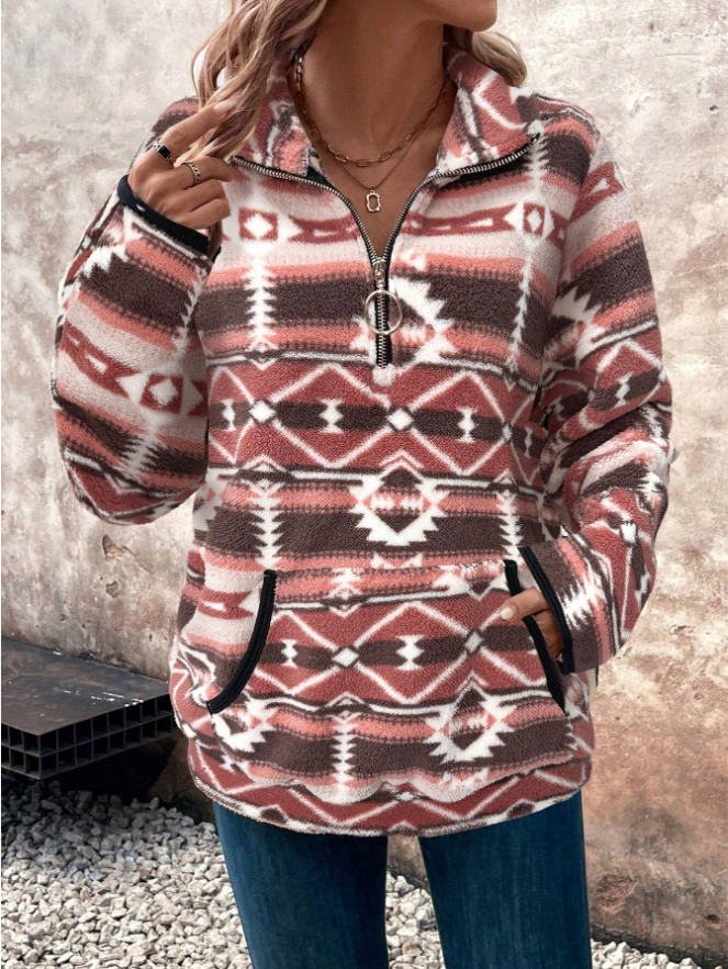 Cream half zip fleece with geometric print