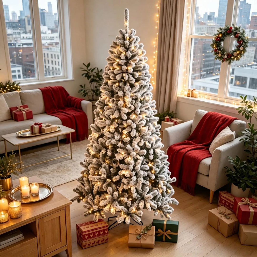 Tall flocked Northern pine with lights