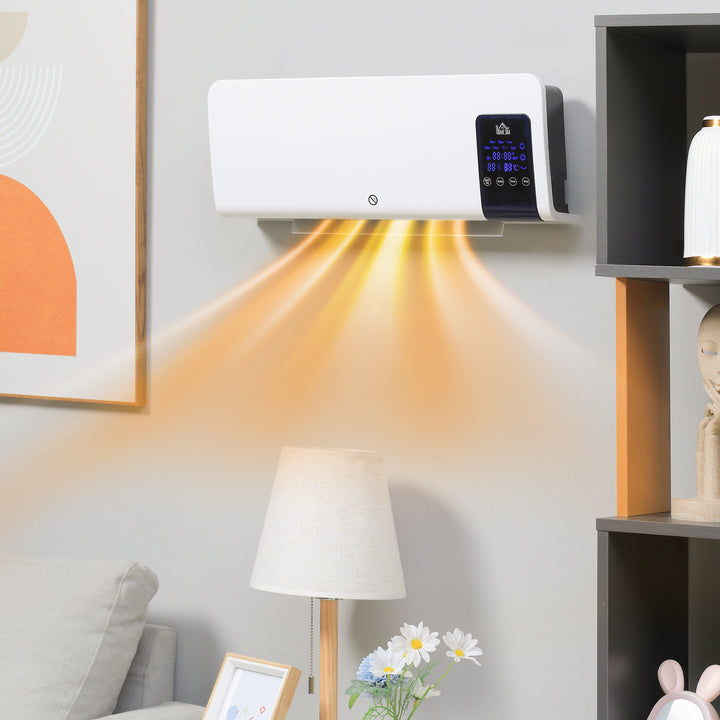 white wall-mounted ceramic fan heater with remote