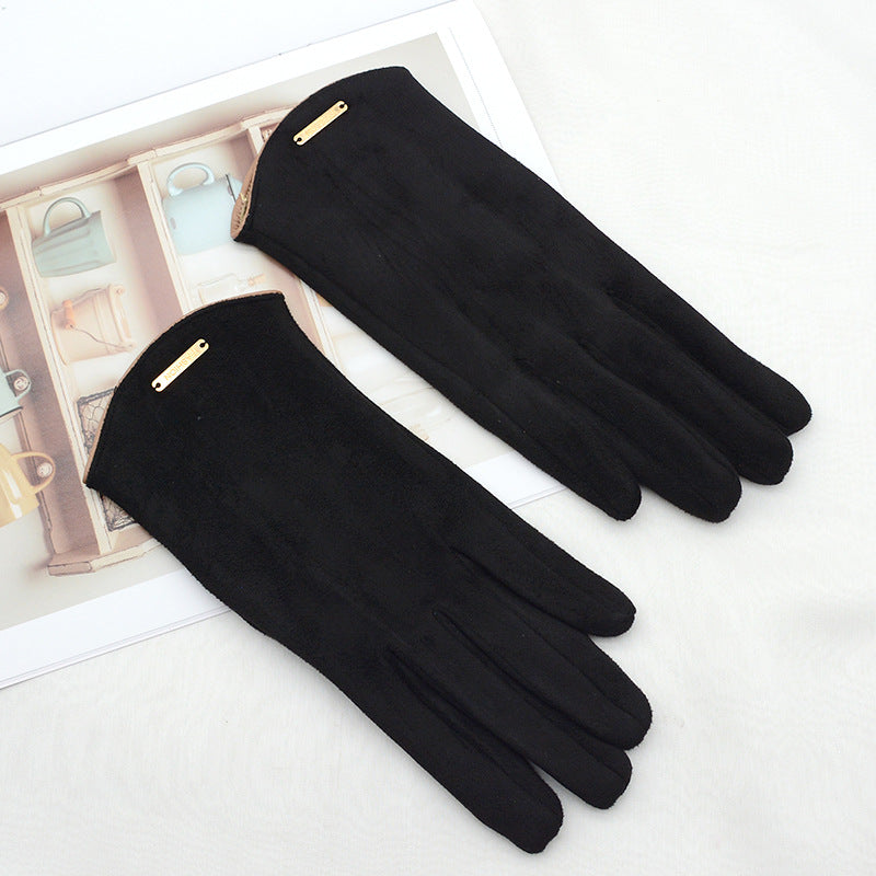 Camel faux suede gloves with gold bar detail