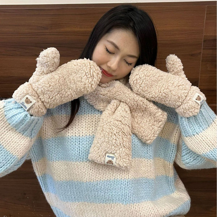 Snugleigh Teddy Mittens and Cross-Over Scarf Set with Bear Patch