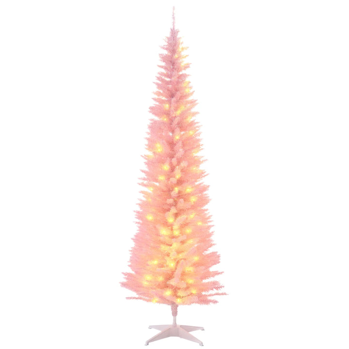 Pink pencil tree with bright warm lights