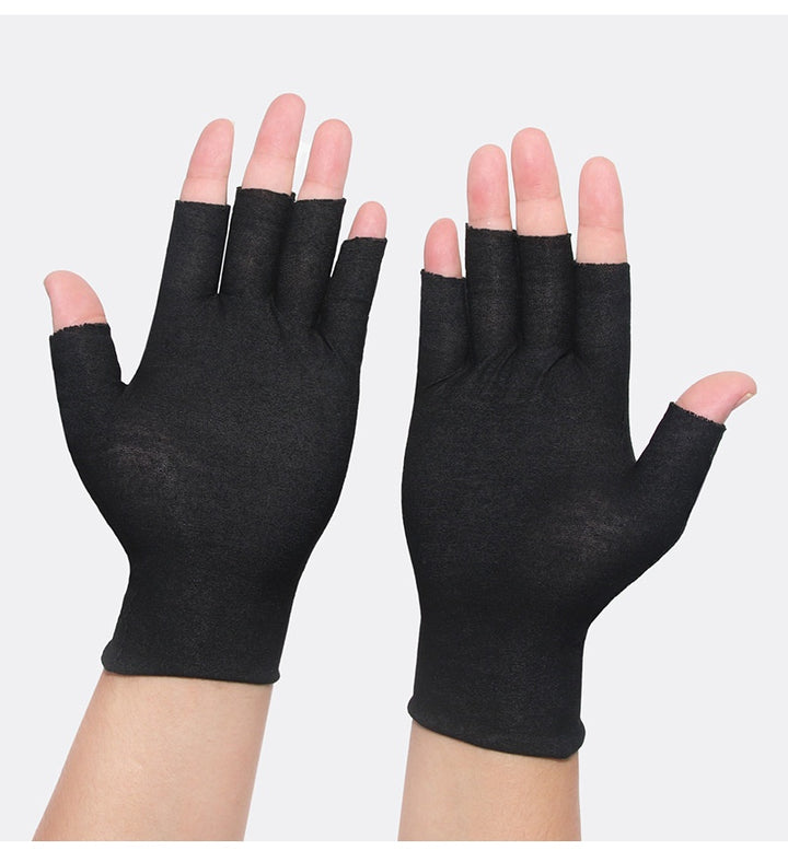 Grey cotton half-finger gloves on hands