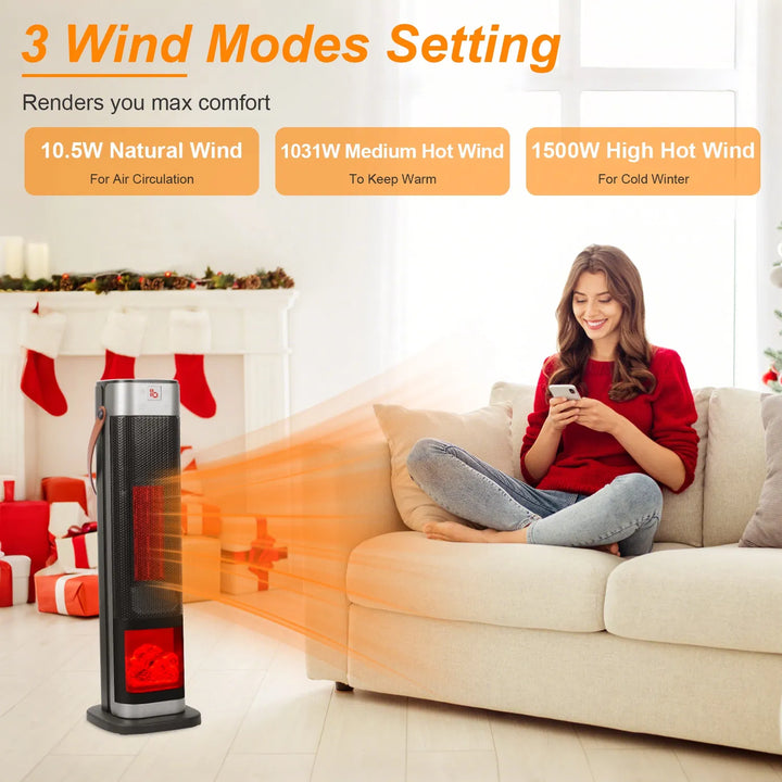 Black tower heater with flame-effect window