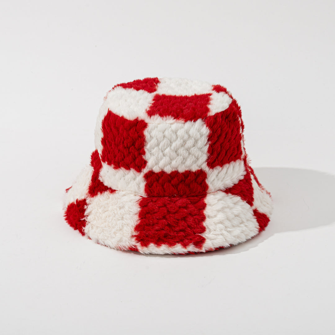 Black checkerboard fluffy bucket hat