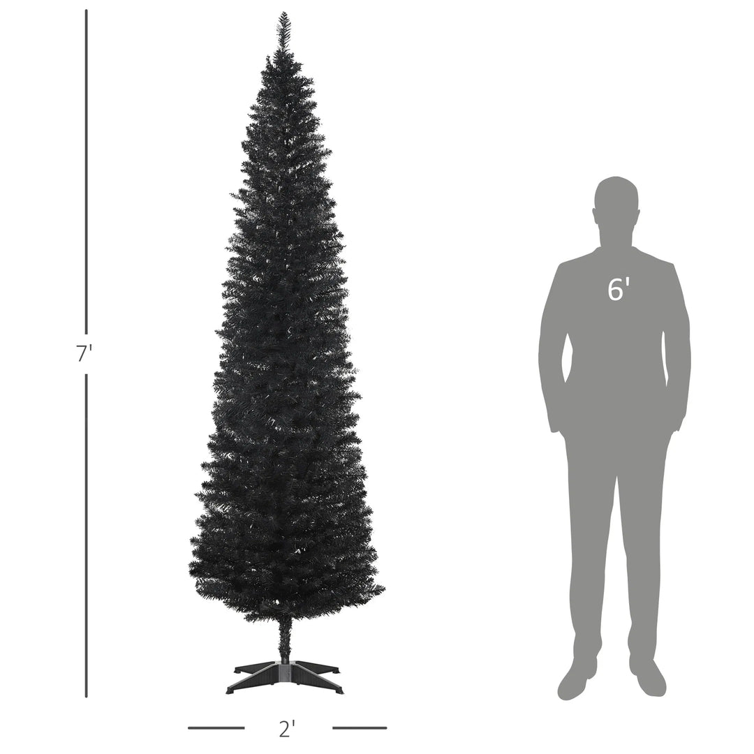 Slim black pencil Christmas tree in corner
