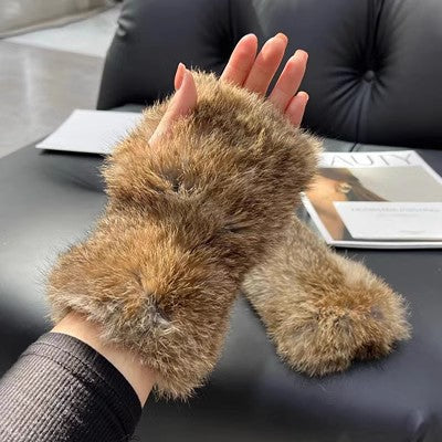 Fluffy rabbit fur fingerless mittens