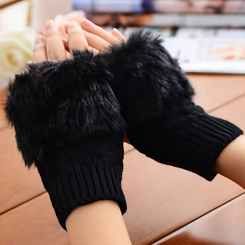 White fingerless knit gloves with fluffy trim