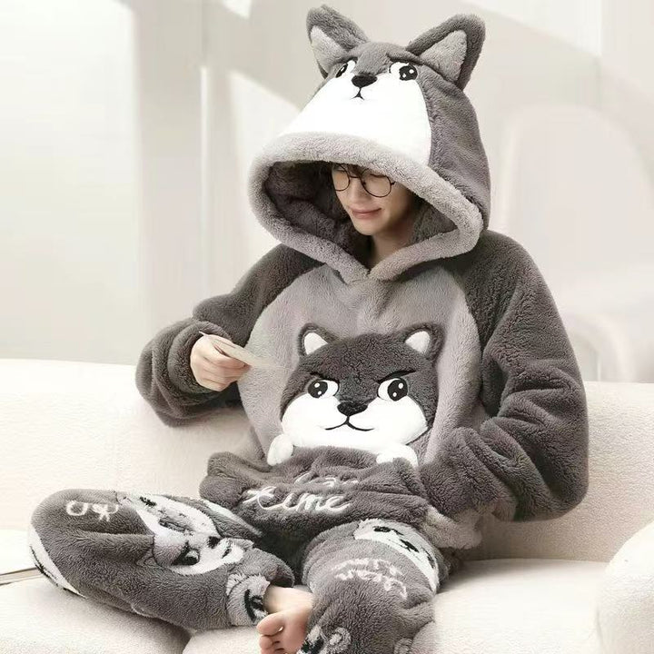 Man in husky hooded fleece pyjama set