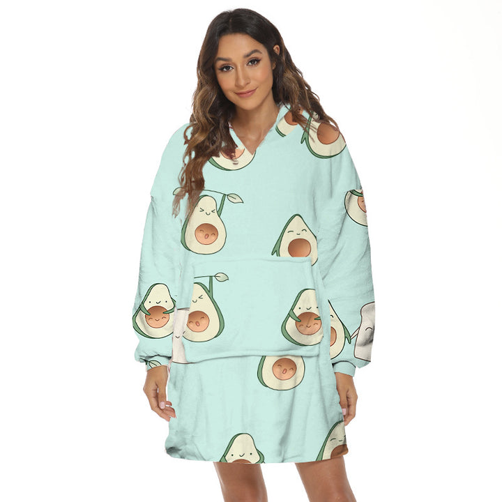 Person wearing oversized panda hooded blanket