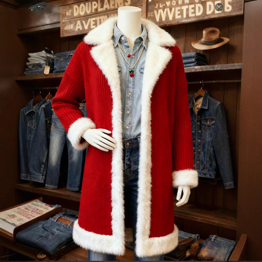 Woman in red coat with white faux-fur trim