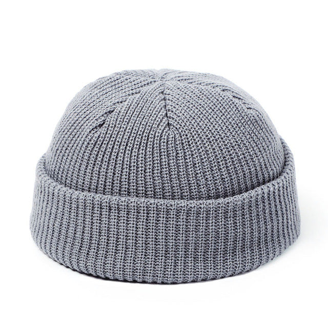 Short ribbed docker beanie with turn-up cuff