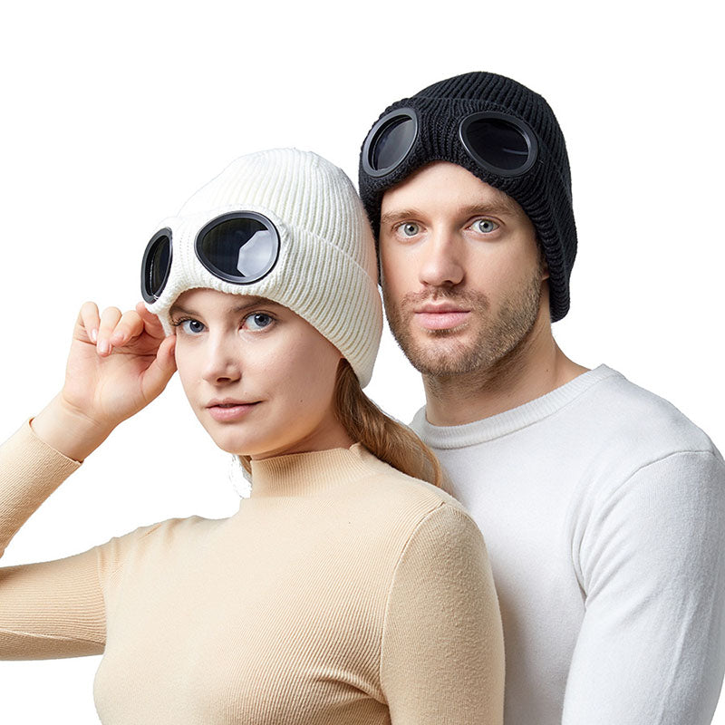 Knit beanie with flip-up goggles on the front