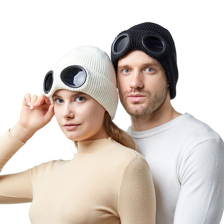 Knit beanie with flip-up goggles on the front