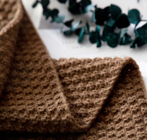 Knitted throw with pom-pom fringe on a sofa