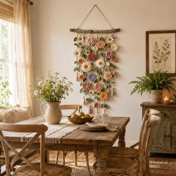 Snugleigh Boho fabric flower wall hanging on a wooden branch