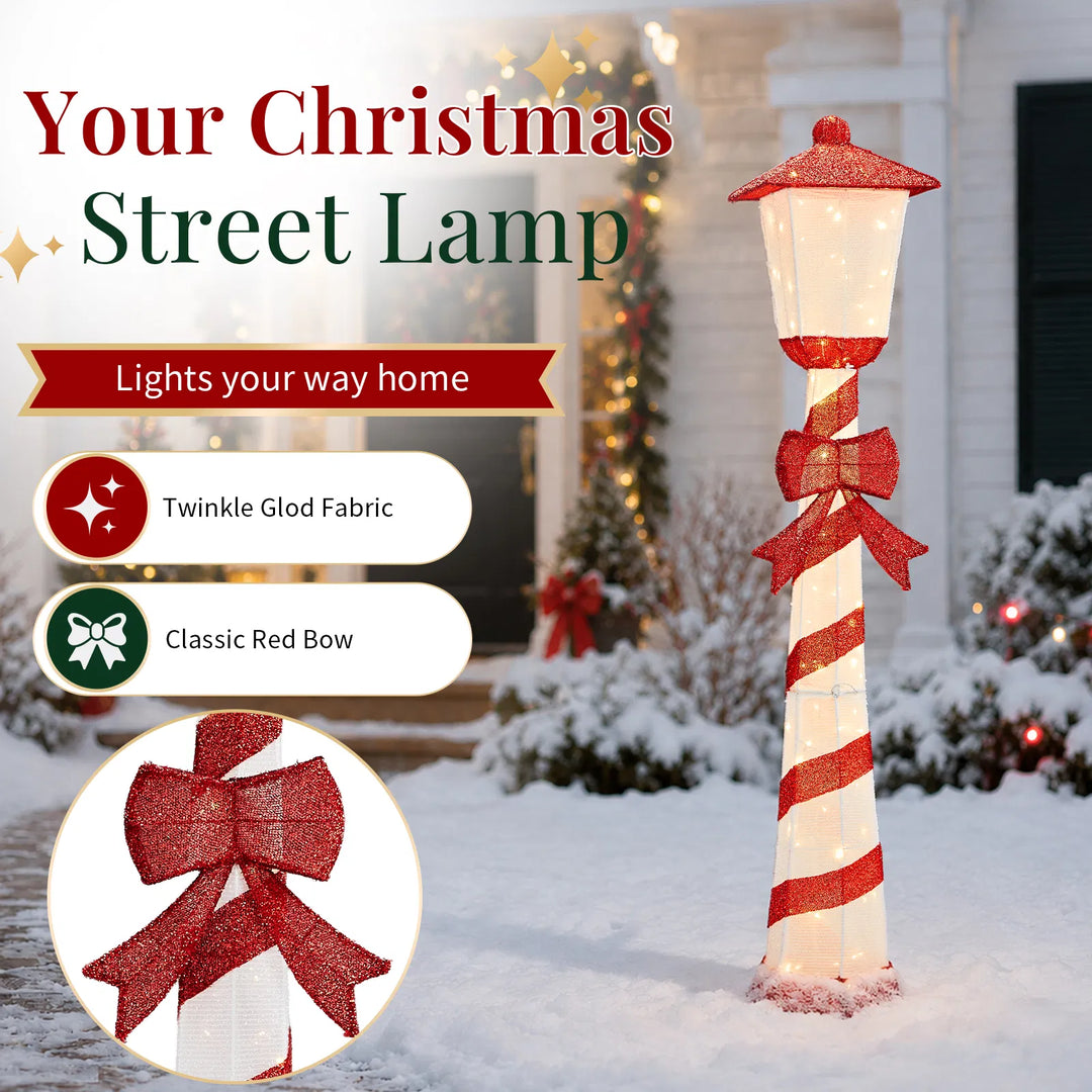 Candy cane striped Christmas lamp post glowing