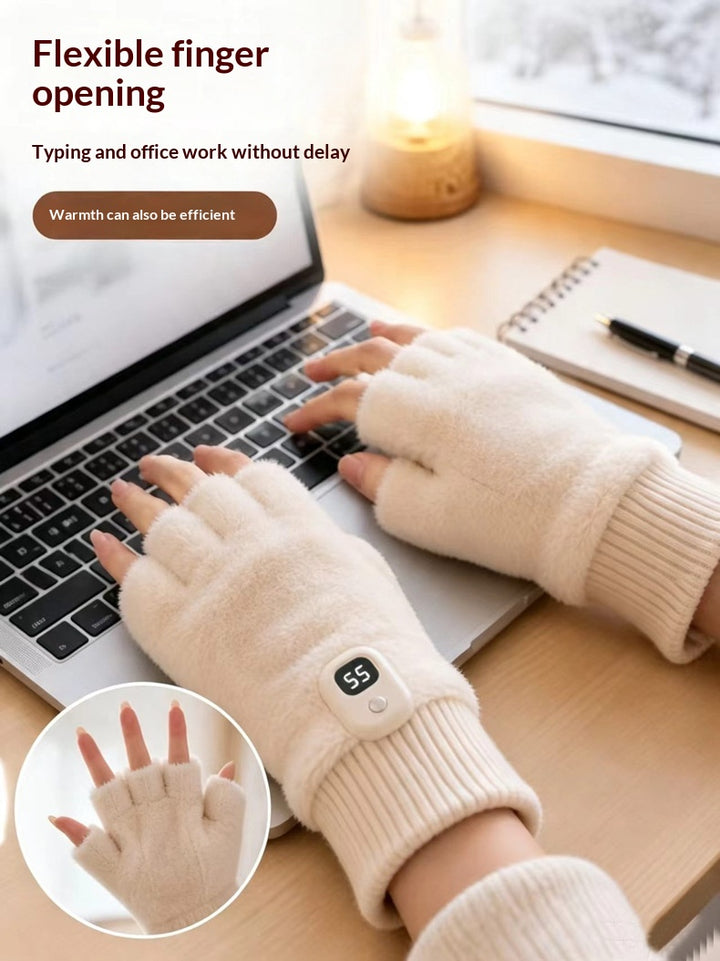 White plush cat paw heated fingerless gloves