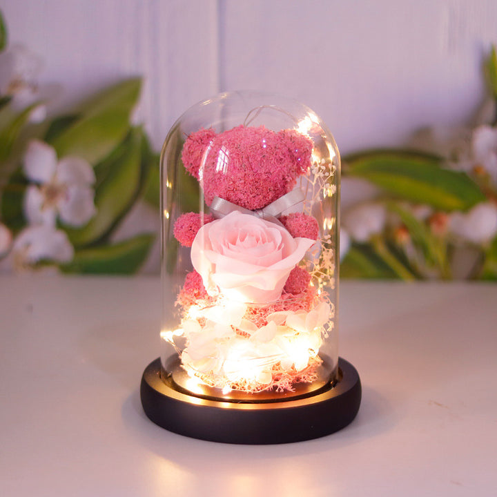 Eternal Preserved Rose Lamp With Teddy Bear And LED Lights