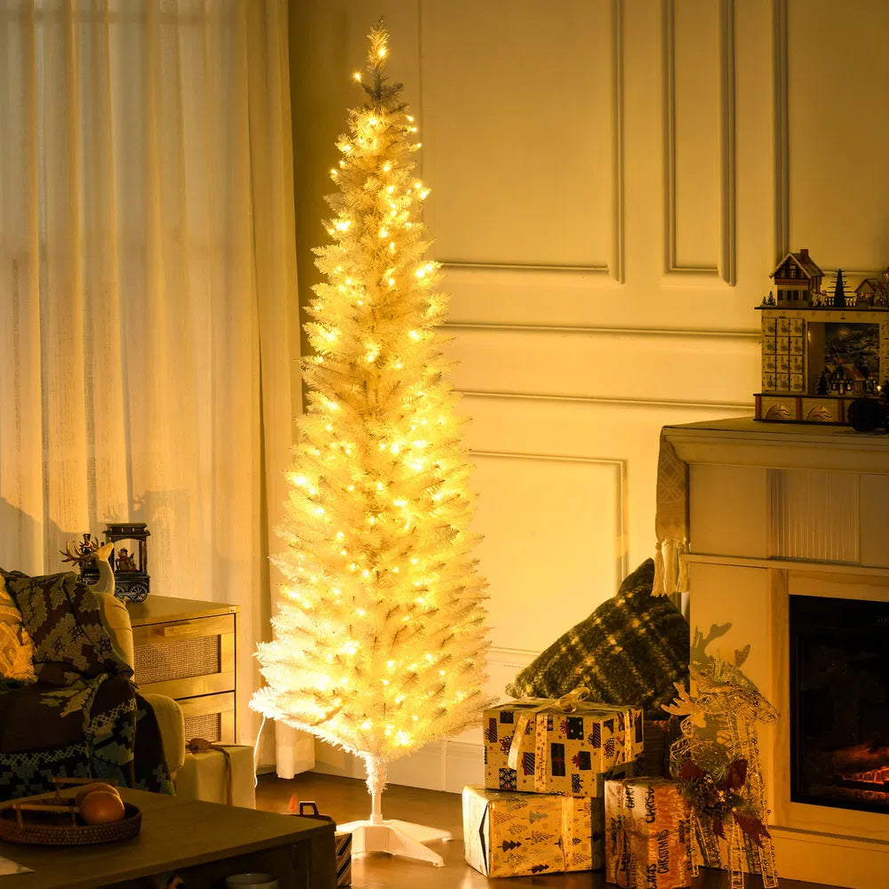 White slim pencil tree with warm lights