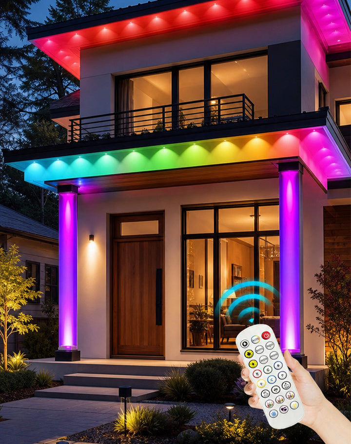 House eaves lit with permanent RGB lights