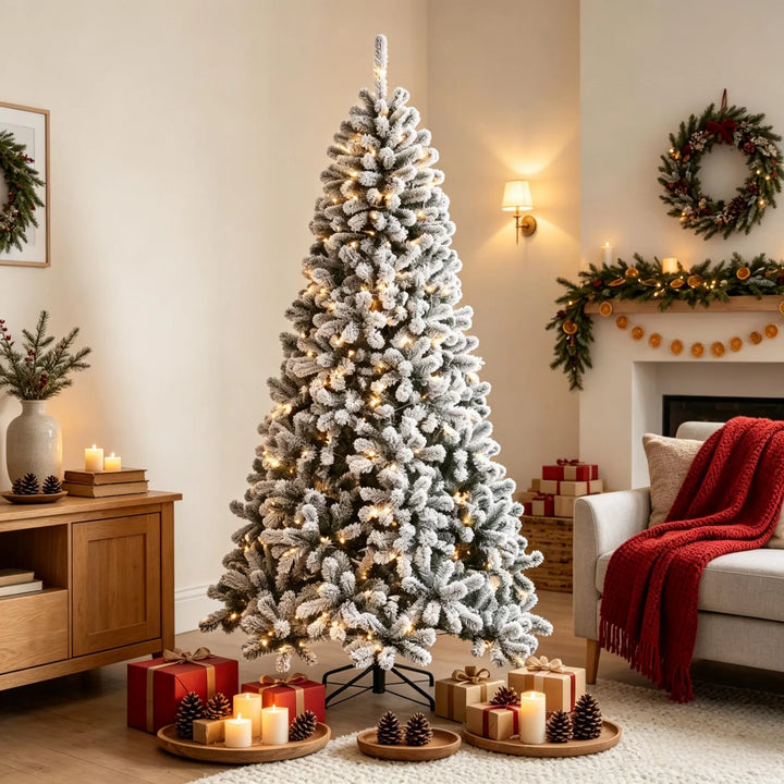 Flocked Northern pine with warm lights