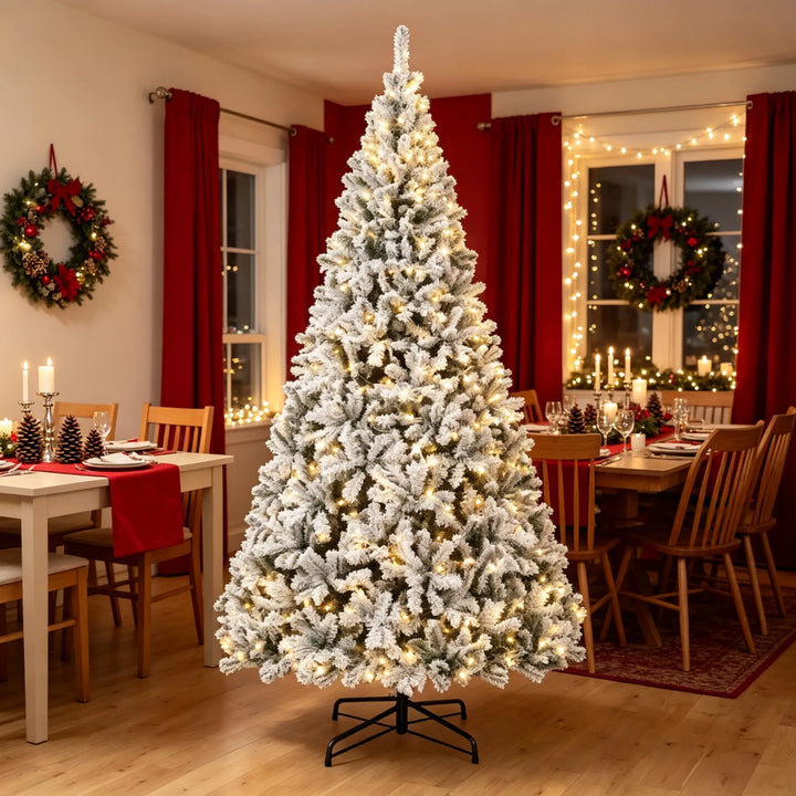 Huge flocked Fraser fir with warm lights