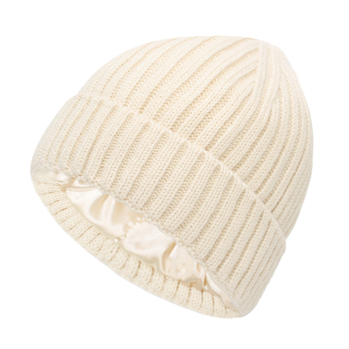 Cream ribbed beanie with satin lining