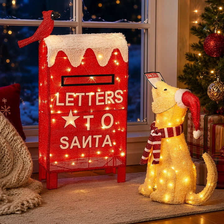Lit dog and red postbox figure