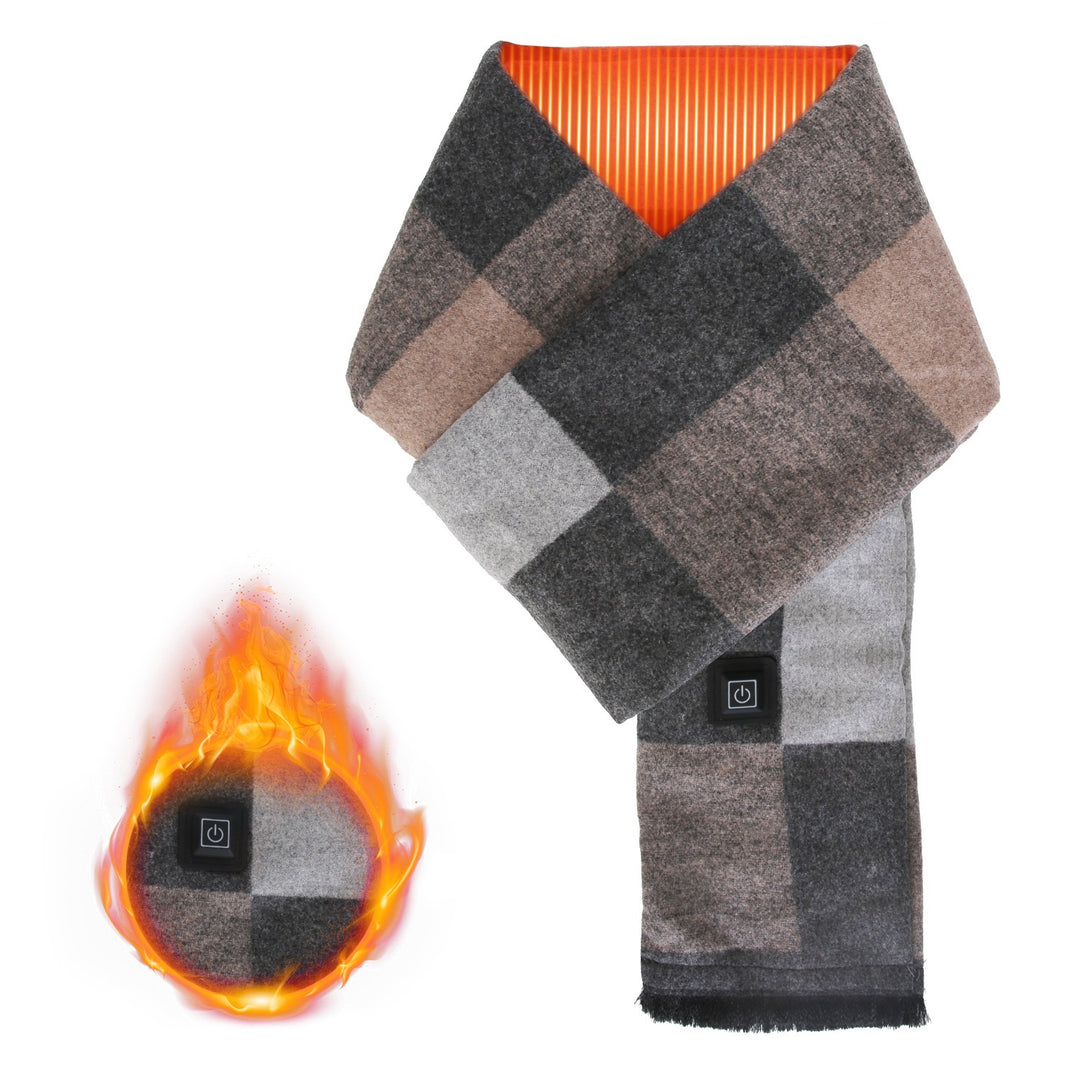 Grey check heated scarf worn around neck