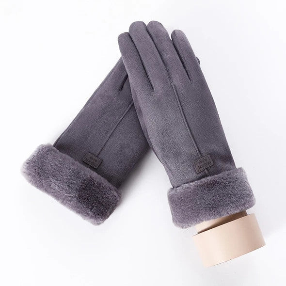Grey suede look gloves with bear face cuff