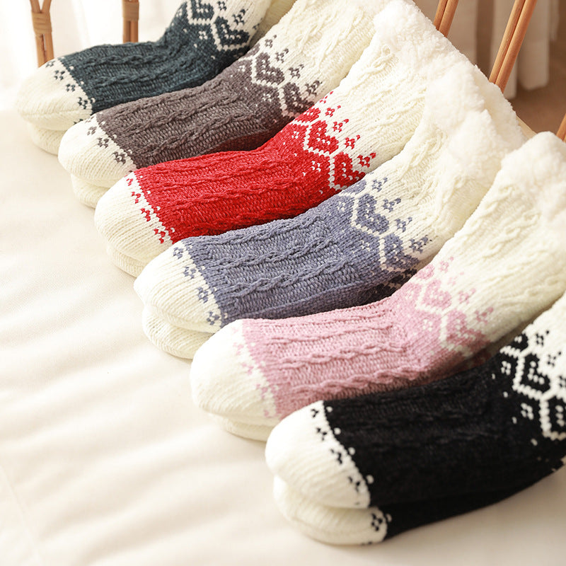 Pink heart knit plush floor socks
