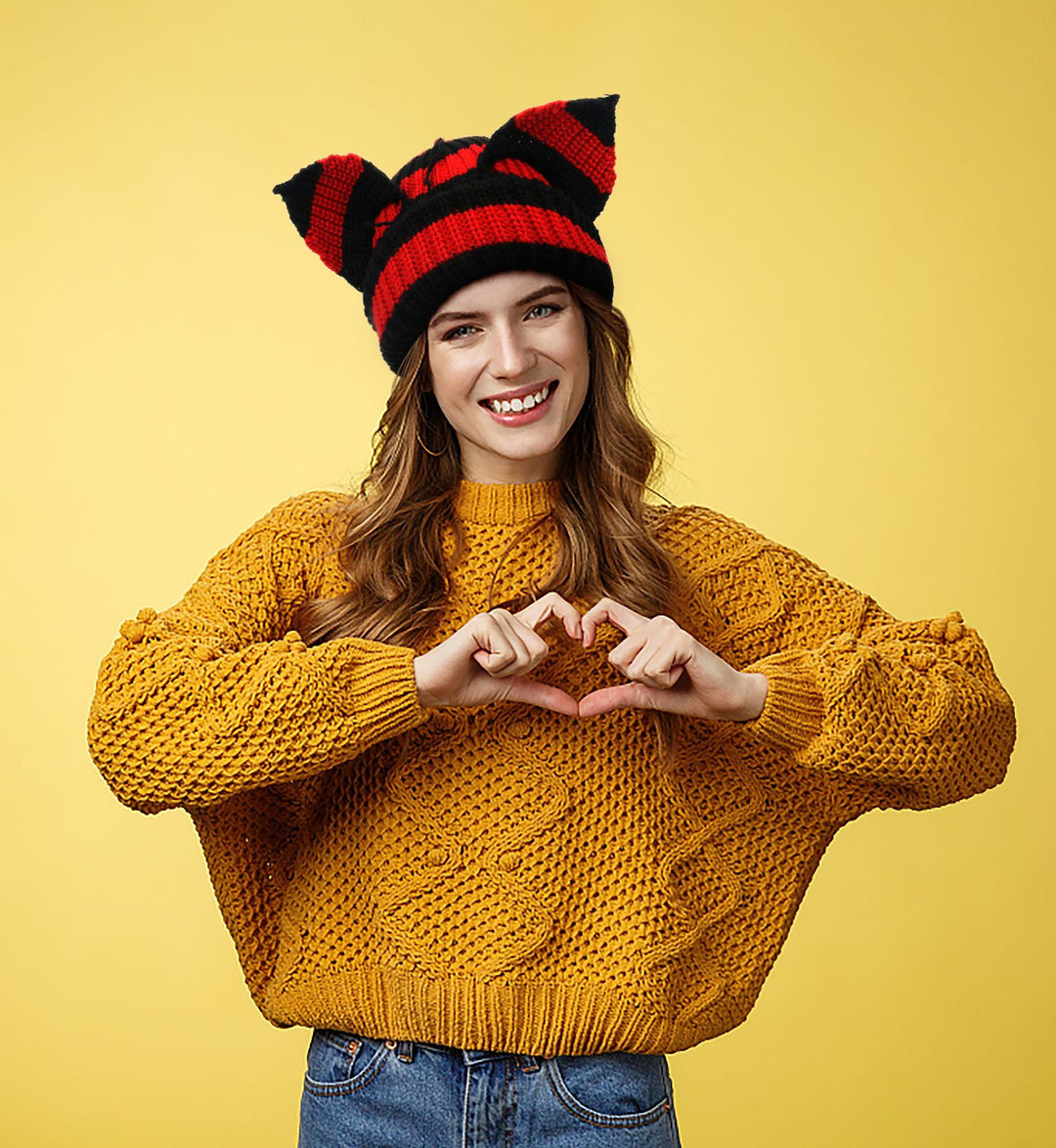 Black chunky knit beanie with cat ears