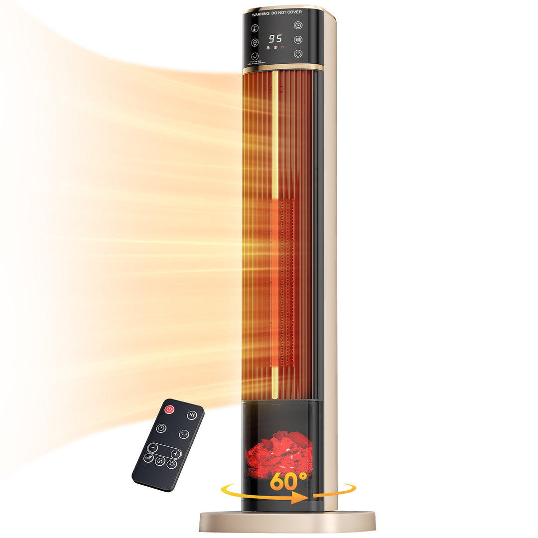 Tall ceramic tower heater with flame-effect panel