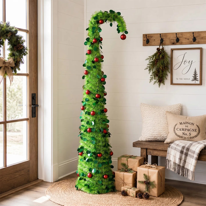 Green pop-up Christmas tree with red baubles