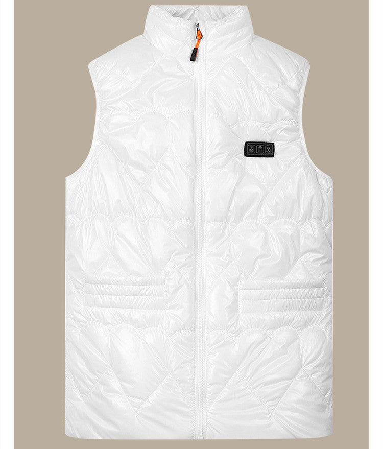 Woman in a glossy quilted heated gilet