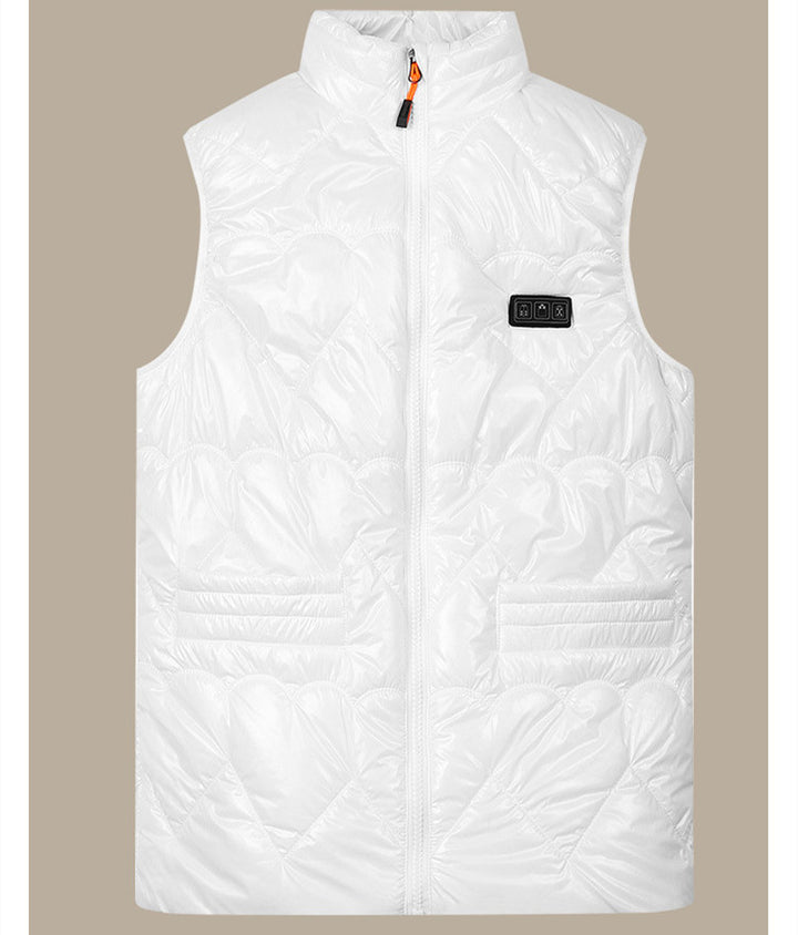 Woman in a glossy quilted heated gilet