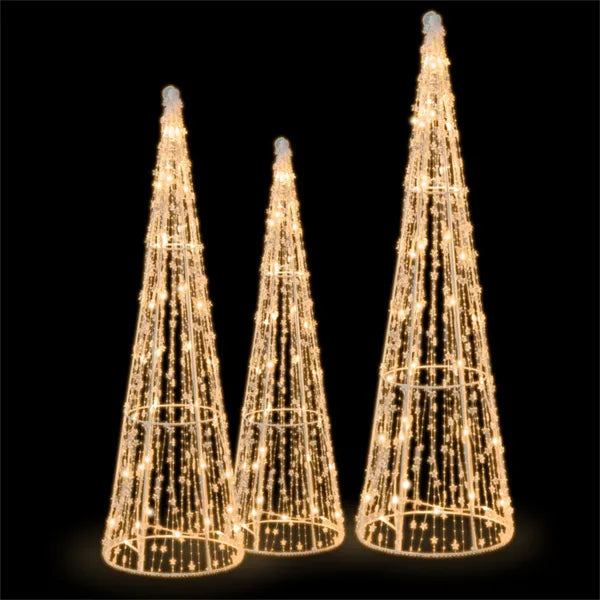 Three lit cone trees with star beads