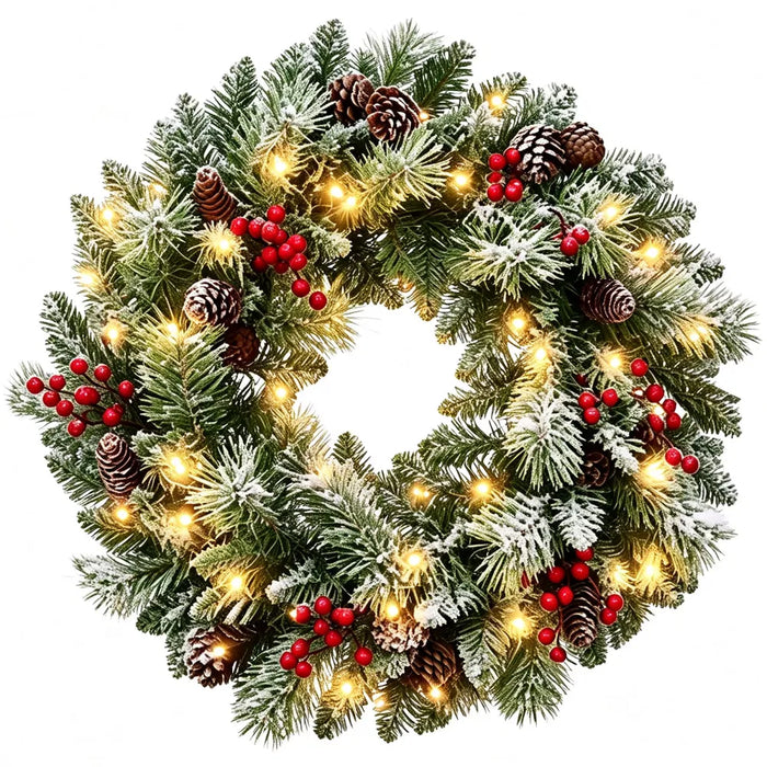 Snugleigh Frosted Lighted Christmas Wreath with Pine Cones