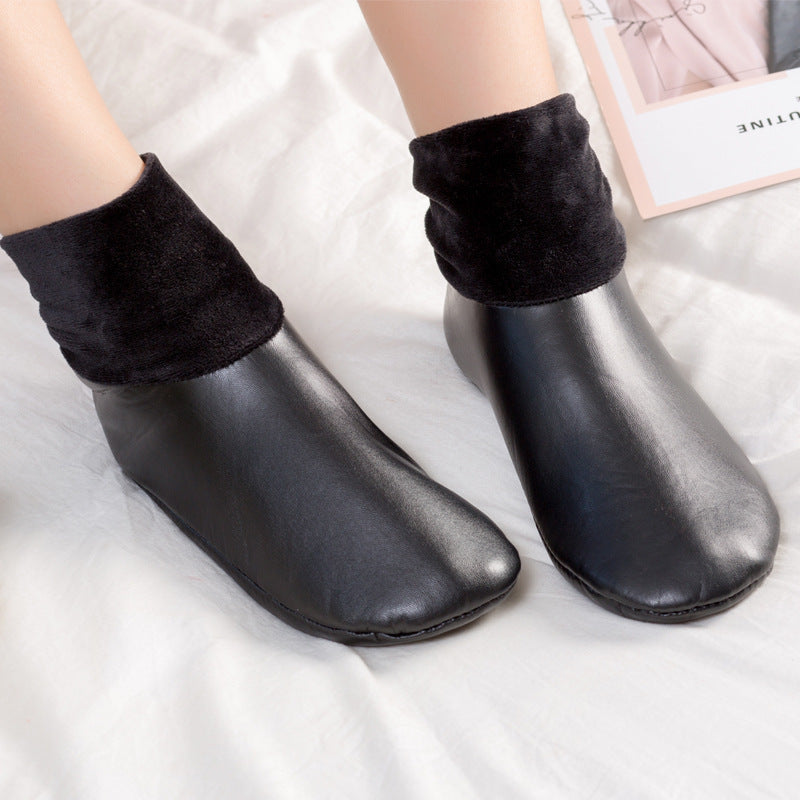 Black faux leather fleece lined slipper boots