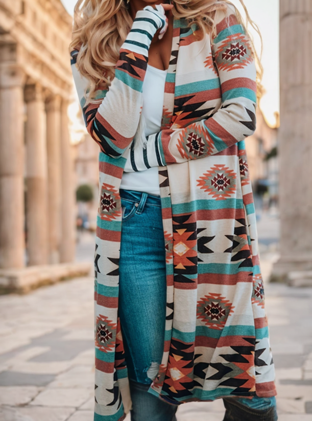 Woman in long colour block open cardigan