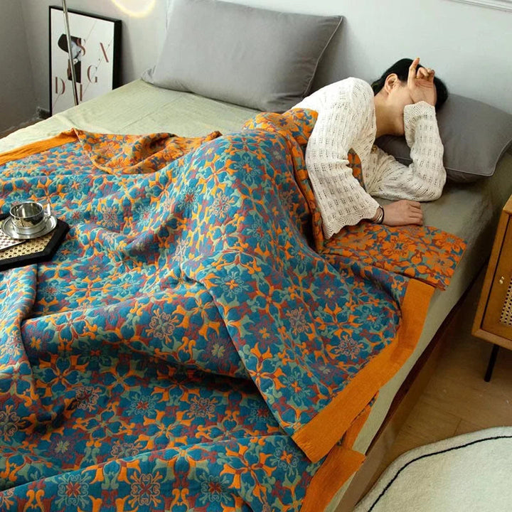 Six-Layer Cotton Blanket with Orange-Blue Pattern